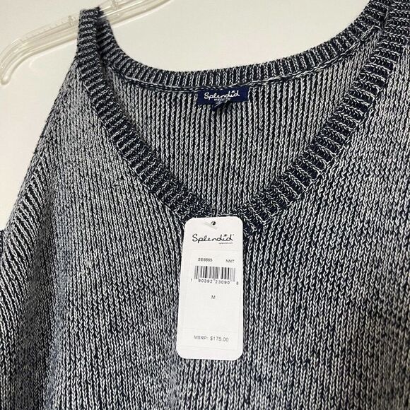 NEW! Splendid Blue Marled Cold Shoulder V Neck Short Sleeve wool blend sweater M - Picture 5 of 6